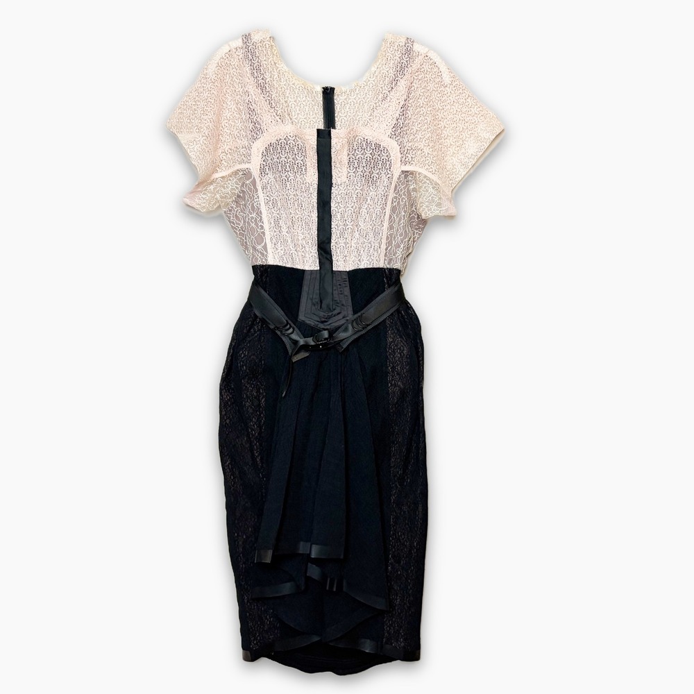Byron Lars Beauty Mark Dress 6 Statement Lace Black Blush Layered Skirt Belt